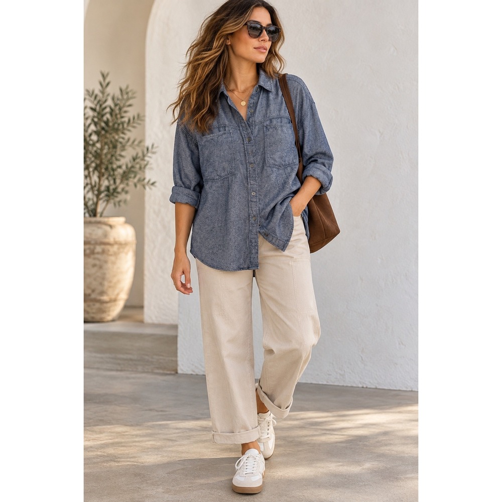 Aerie Blue Marled Cotton Button Down Shirt Long Sleeve Top XS Utility Minimalist